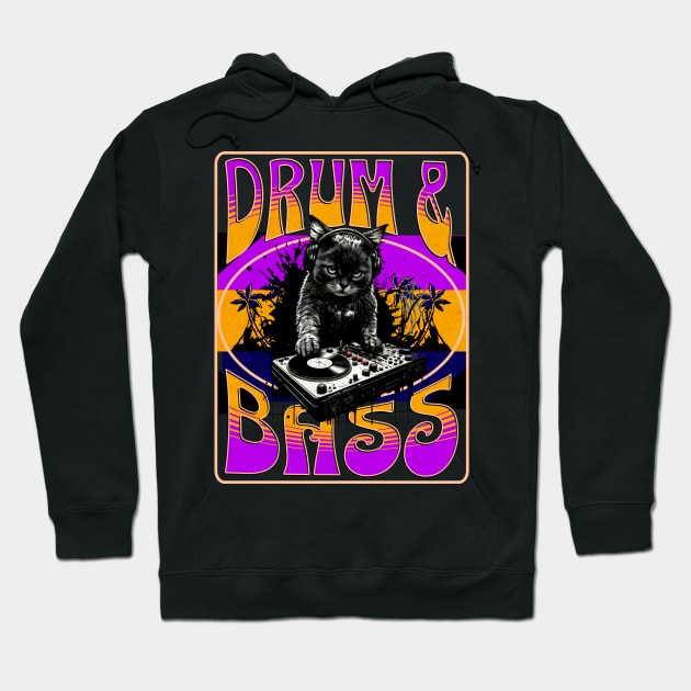 DRUM AND BASS  - Psychedelic Cat DJ (orange/purple) Hoodie by DISCOTHREADZ 